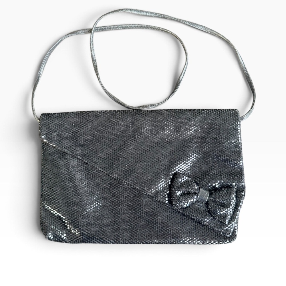 Vintage 80s 90s Black Metal Mesh Bow Evening Bag Shoulder Purse